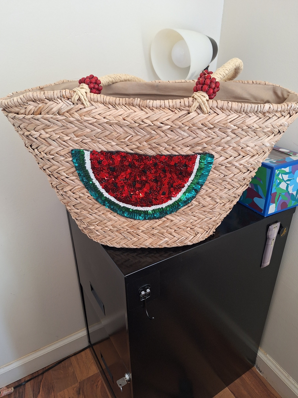 Woven Straw Tote with Sequin Watermelon Applique - Red Green